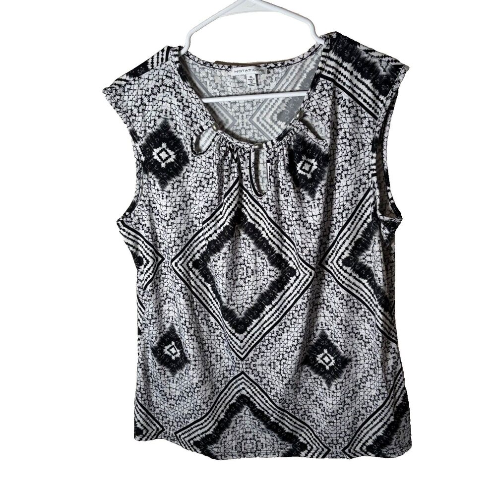 Notations Tank Top Women's XL Keyhole Career Sleeve Printed Shirt Black